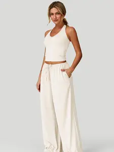 Women's Casual Two-piece Set, High-waisted Wide-leg Pants & Short Sleeve Crop Top Outfit, Fashionable Daily Wear for Women, Womenswear
