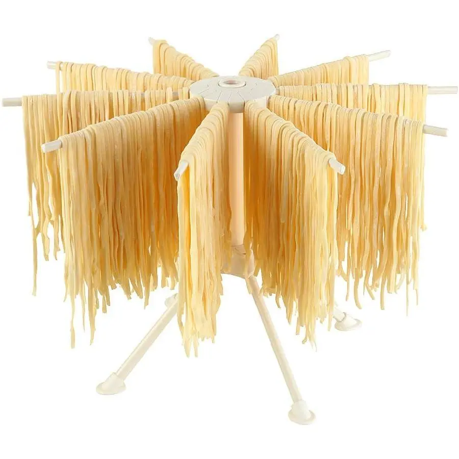 Collapsible Pasta Drying Rack, Plastic Foldable Homemade Fresh Spaghetti Stand Dryer Noodle Hanger for Kitchen with 10 Arms, , Easy Storage, Quickly Set Up (White)