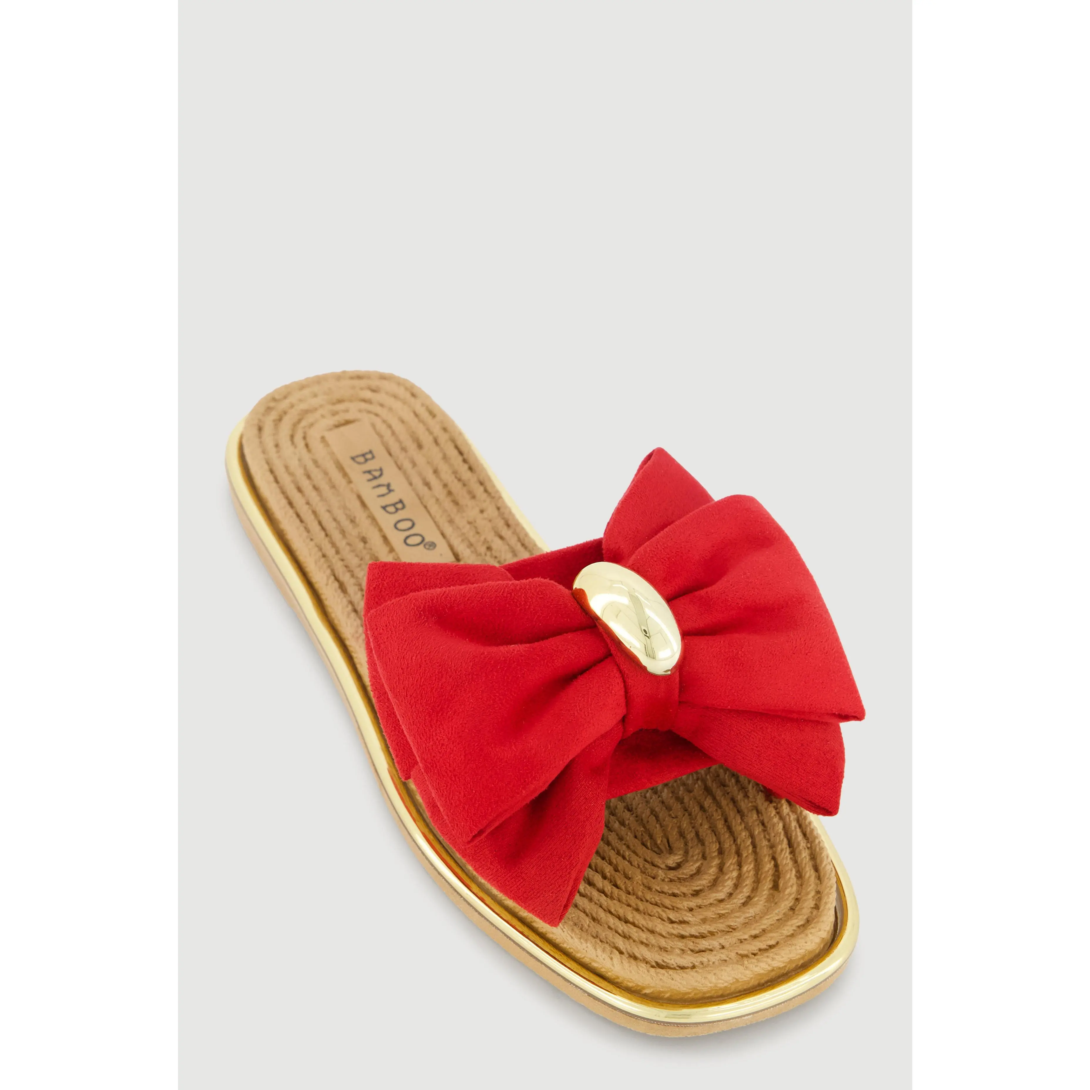 Metallic Trim Bow Detail Slide Sandals