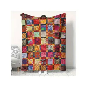 Vintage Patchwork Fleece Blanket - Soft & Cozy Flannel, All-Season, Multi-Purpose Office, Outdoor, Travel Blanket, Machine Washable, Digital Print Polyester - Sewn Craftsmanship, Outdoor Comfort|Vintage Style|Machine Washable Cover, Blankets For-30*40in