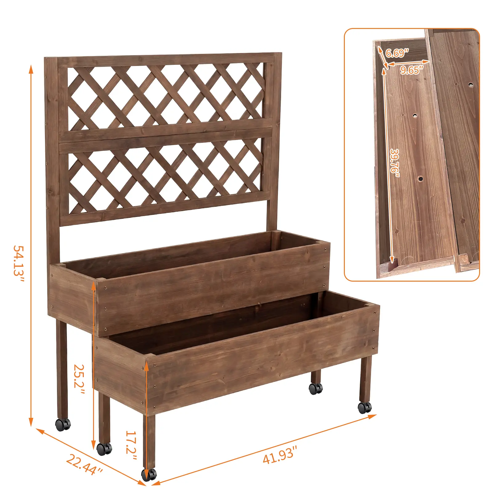 41.93"x22.44"x54.13" Brown Raised Garden Bed with Trellis, 2-Tier Elevated Wood Planter Box with Legs & Wheels, Built-in Drainage Holes, Ideal for Backyard, Patio & Balcony Planting, Raised Garden Beds, Garden Accessories