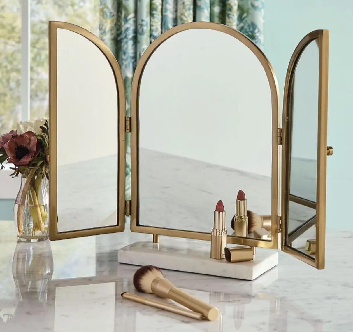 Decorative Brass Vanity Mirror with Marble Base – Handmade Tabletop Accent Mirror