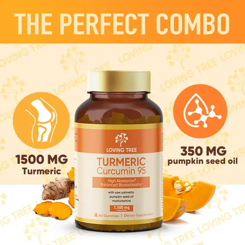 Loving Tree Joint Support Supplement - With 95% Curcuminoids, Black Pepper, Pumpkin Seed Oil, and Saw Palmetto - Supports Bone Density and Joint Health - 60 Gummies-backtoschool