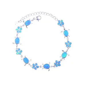 TwinkleTrendz 18K Gold Plated Created Blue Opal Turtle Flower Bracelet 6.5in with 2in Tail Chain Elegant Versatile Gift Idea for Special Occasions
