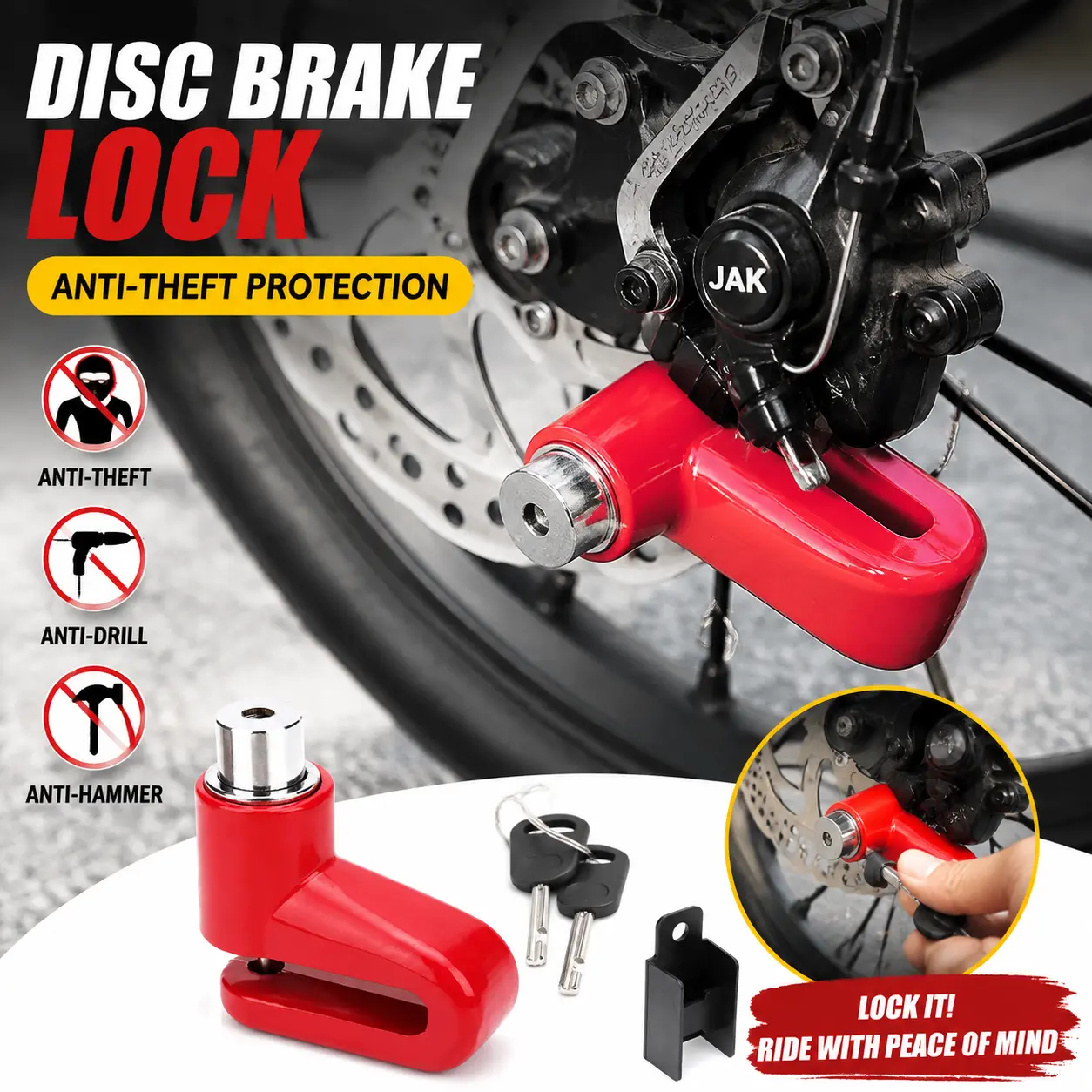 Motorcycle anti-theft disc brake lock, safety disc wheel lock with keys, mountain and road bike padlock with different keys