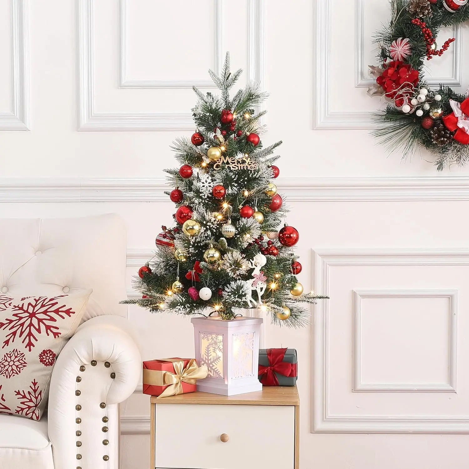 Garvee 3 Ft Magical Luminous Artificial Christmas Tree, 78 LED Lights, Red Berry Decorations, Snowflake Tree Stand, Easy Installation, Indoor Holiday Furniture