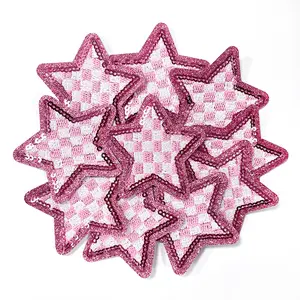 10Pcs Pink Sequin Stars Embroidered Applique Iron On Patches Checkerboard Cute DIY Accessories for Clothing Jackets