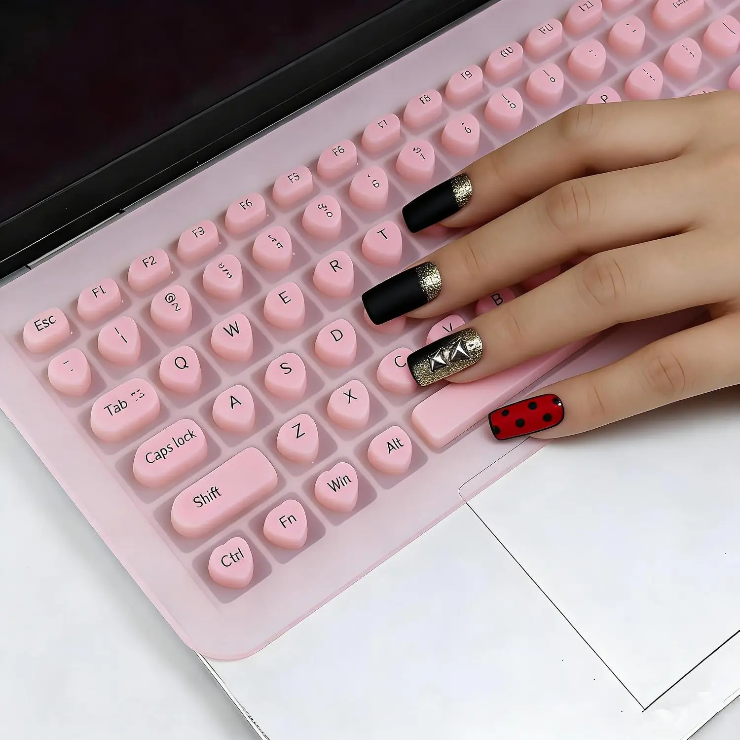 Universal 15/16/17 Inch Laptop Keyboard Cover for Long Nails, Compatible with MacBook/HP/Dell/Lenovo/Acer/Asus/Samsung, Nail Friendly Raised Keyboard Bubbles Stickers for Nail Art, Pink