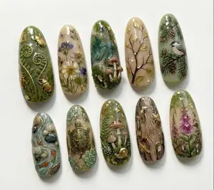 Cottagecore Forest Press on Nails | 3D Mushroom And Snail Fake Nails | Nature Inspired Green Nail Art | Botanical Woodland Glue on Nails