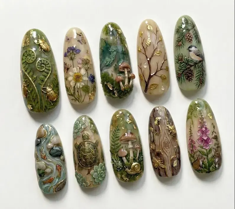Cottagecore Forest Press on Nails | 3D Mushroom And Snail Fake Nails | Nature Inspired Green Nail Art | Botanical Woodland Glue on Nails