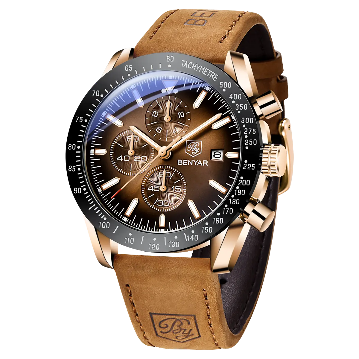 BENYAR Waterproof Men Watch Analog Chronograph Racing Sports Wrist Watch, Business Casual Calendar Watch with Leather Strap