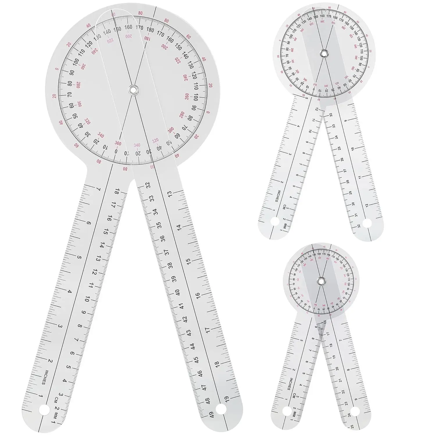 Goniometer Set 3 Pieces of 6/8/12 Inch Occupational Physical Therapy Protractor Tool Measurement Angle Ruler Kit Plastic 360 Degree Universal (3pc)