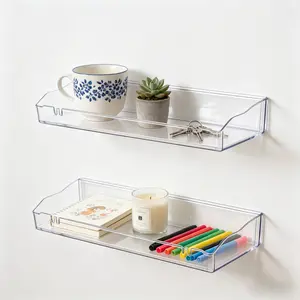 Clear acrylic floating wall shelves, no drilling space-saving storage organizer, easy-to-install sturdy display shelf for bathroom, kitchen, living room home decor