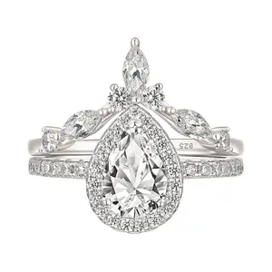 S925 Sterling Silver Eternity 1.5CT Vintage Pear Teardrop Halo Engagement Wedding Rings Set for Women Size 5-10