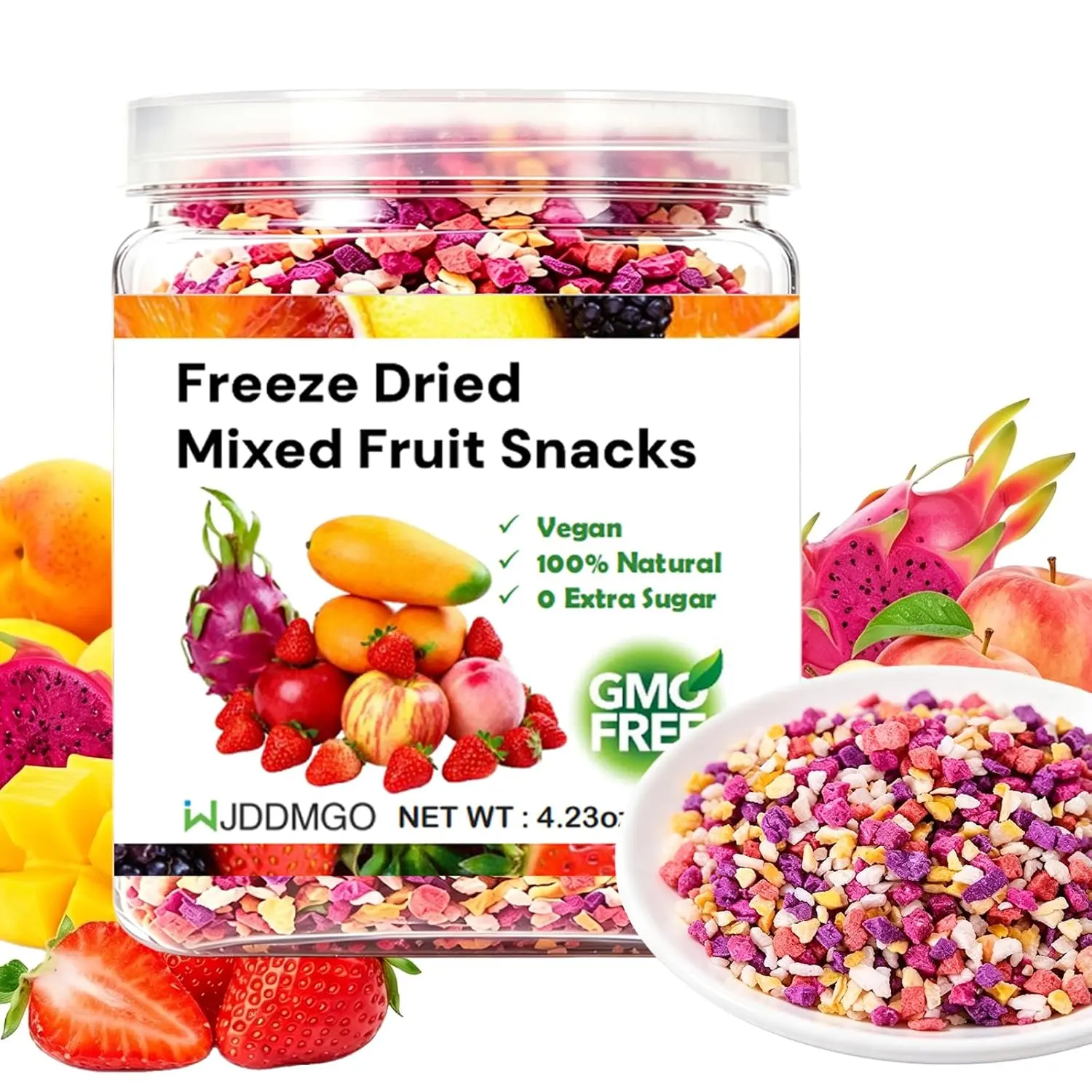 Freeze-Dried Fruit Mix, 4.23 oz, Crunchy Tropical Fruit Snacks with Strawberry, Apple, Mango, Dragon Fruit & Peach, No Added Sugar, Vegan Snack for Yogurt & Lunch Boxes