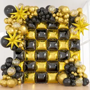 36pcs Black & Gold Double Sided Foil Square Balloons Wall with 138 Black & Gold Confetti Balloons Arch Kit (18/12/10/5inch) for Birthday, Graduation, New Year Eve