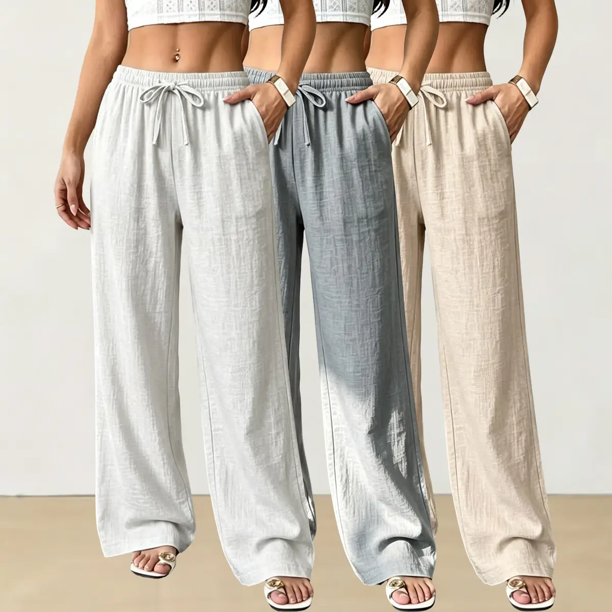 Three-pack women’s cotton-linen long pants, solid-color casual trousers made from a comfortable, breathable, lightweight fabric. Suitable for going out, exercise, and running. Machine washable. Ideal for summer and great as a gift for women.