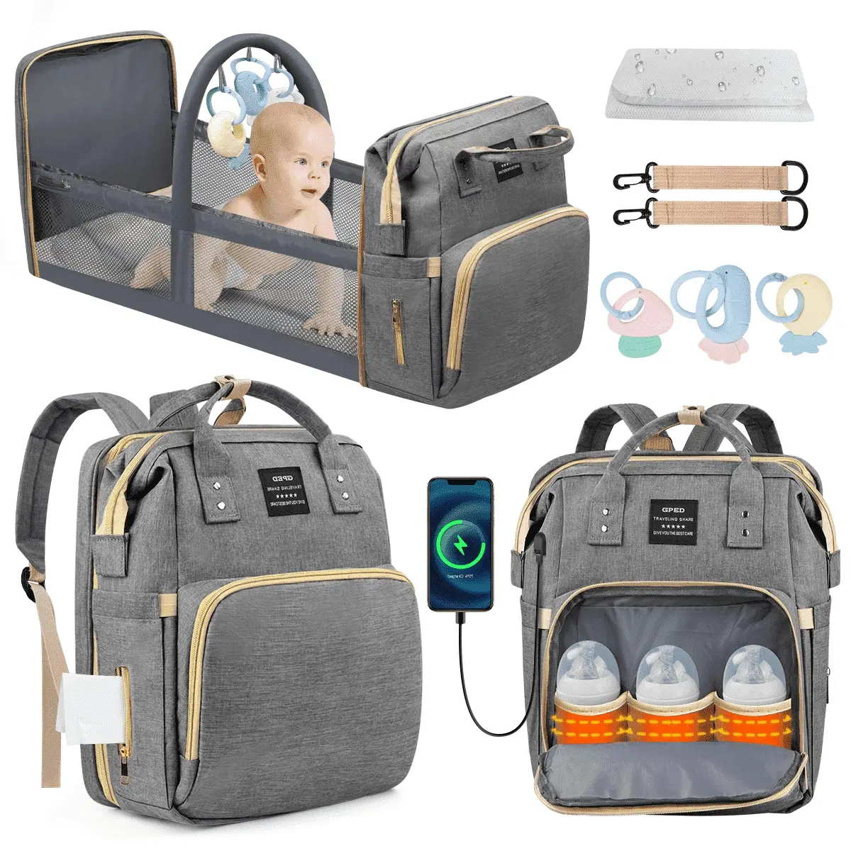 Gray Convertible Diaper Bag Backpack - Newborn Baby Parent Must Haves, Foldable Crib & Changing Station, Large Capacity Water-Resistant Oxford Cloth, Vertical Multi-Compartment Diaper Bag Organization, USB Port, Stroller Straps for On-The-Go Baby Travel,,