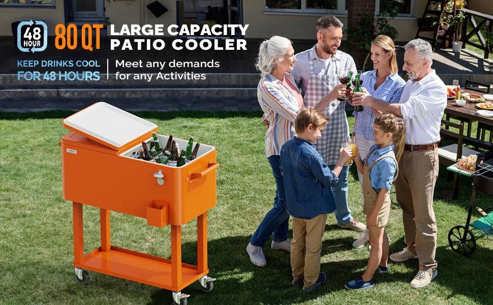 [TOP RATED - FLASH SALE] 80 Quart Portable Outdoor Patio Rolling Cooler Cart Orange