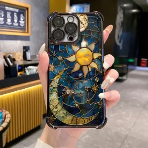 Four-corner anti-drop TPU phone case with sun and moon pattern design, suitable for iPhone 16 15 14 Pro Max 13 12 11 XR XS Plus, shockproof full camera protection, durable and slim silicone shell phone case Cover