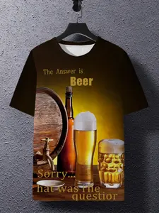 3D Casual Men's Short Sleeve Top, Round Neck, Breathable Fabric, Running Fitness Wear, Comfortable, Retro Beer Print