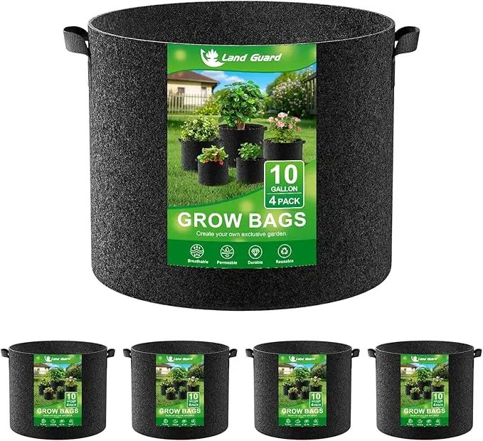 Land Guard 4 Pack 10 Gal Thickened Nonwoven Fabric Grow Bags, Black Garden Pots with Handles for Home Improvement, Garden Supplies