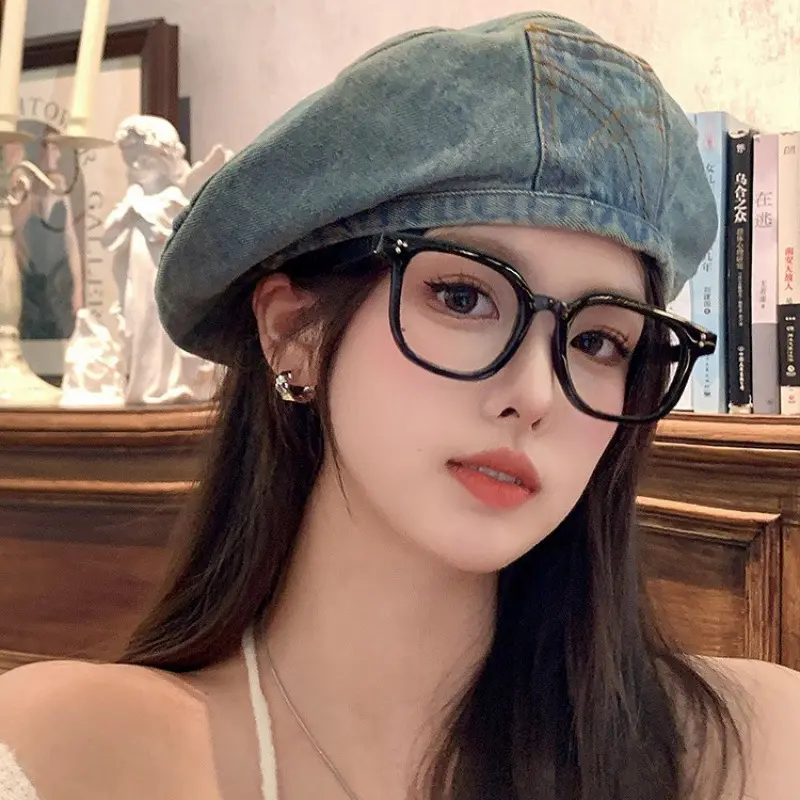 Washed Denim Beret for Women, Vintage Distressed Octagonal Painter Hat, Large Head Circumference Retro Round Top Beret Fall Fashion Cap