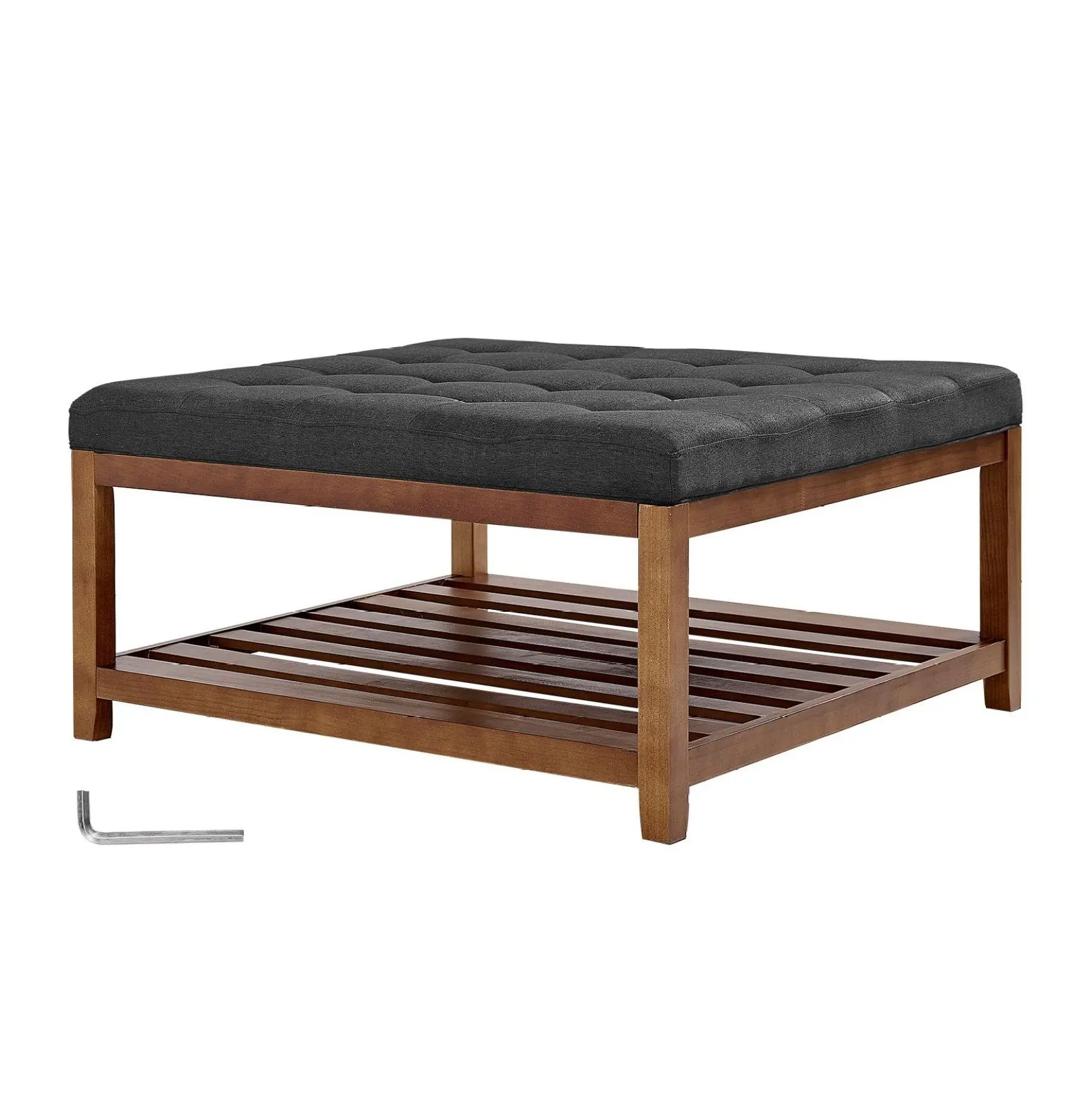 Large Square Ottoman Coffee Table, 34.5 Inch Tufted Linen Ottoman with Storage, 400 LBS Footrest for Living Room Bedroom, Dark Gray Default