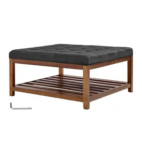 Large Square Ottoman Coffee Table, 34.5 Inch Tufted Linen Ottoman with Storage, 400 LBS Footrest for Living Room Bedroom, Dark Gray Default