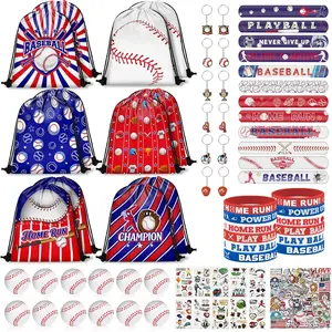 120PCS Baseball Party Favors, Baseball Goodie Bags Drawstring Bags with Mini Baseballs, Bracelets, Keychains, Stickers & Tattoos for Baseball Party Supplies