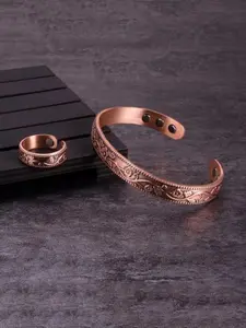Vintage Floral Engraved Magnetic Bracelet and Ring Set, Adjustable, Perfect for Daily Wear, Ideal Gift for Family and Elders, Adjustable Fit Bracelet Set, Adjustable Jewelry Set
