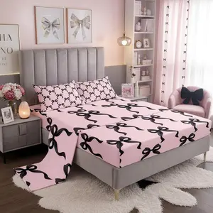 Black Bowknot Bed Sheet Set,Princess Style Bow-tie Pink Black Sheet Set,Dreamy Fairy Tale Bow Crossed Patchwork Bedding Set with 1 Flat & 1 Fitted Sheet