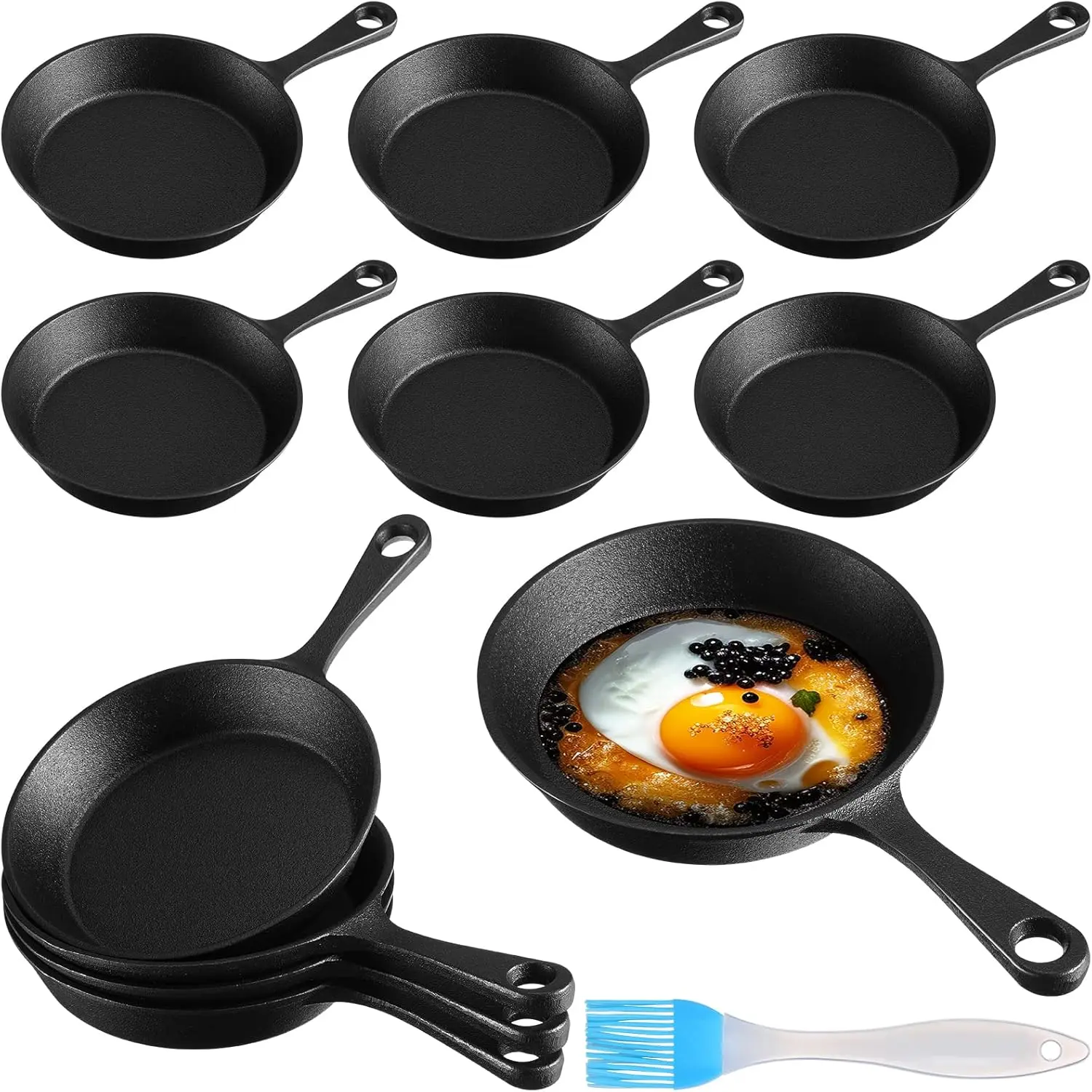 10-Set 6.3 In Round Mini Cast Iron Frying Pans, Small Black Sizzling Plates with Oil Brush for Indoor Kitchen & Outdoor Use