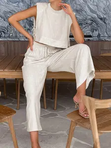 Women's Round Neck Side Seam Tie Shoulder Sleeveless Top Long Pants Two-Piece Set, Casual Fashion, Summer Wear