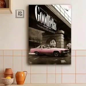 2D Flat 1 Piece Hollywood Heist Movie Scene Pink Car Frameless Canvas Wall - Retro 1990s Movie Poster Print, Waterproof High-Definition Canvas Painting, Suitable for Living Room, Bedroom, Office Decoration, Bedroom Wall| Classic Movie Poster| Durable canv
