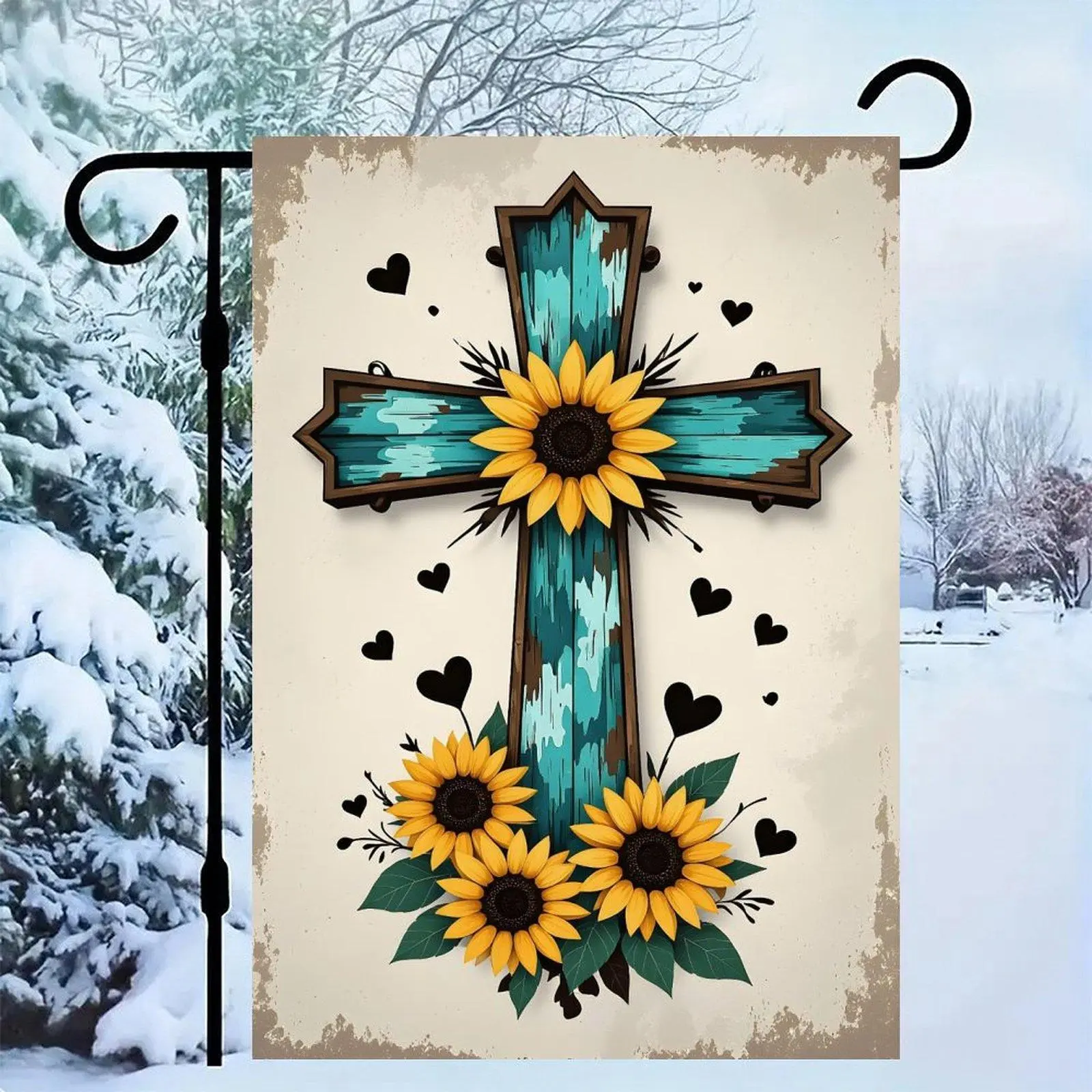 12*18in Rustic Wooden Cross Sunflower Religious Garden Flag Double Sided Farmhouse Faith Yard Sign Outdoor Home Decor