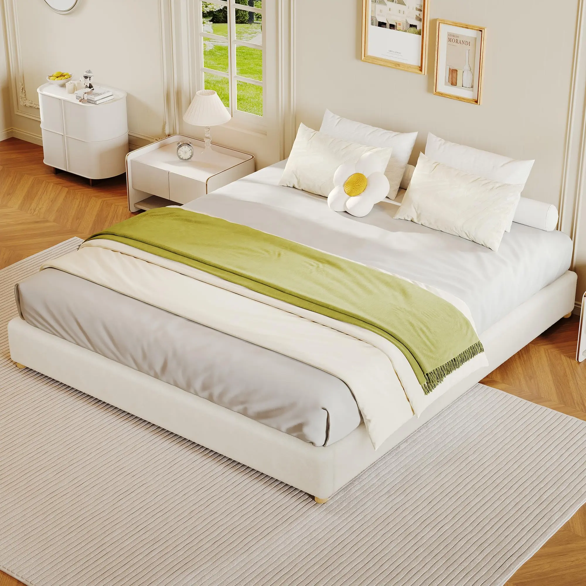 Garvee Queen Size Cloud Bed Frame，Teddy Fleece Low Bed Frame Without Headboard, Thick Fabric Upholstered Platform Bed, Solid Wood Legs, No Box Spring Needed, Never Squeak, Easy Assembly, Cream