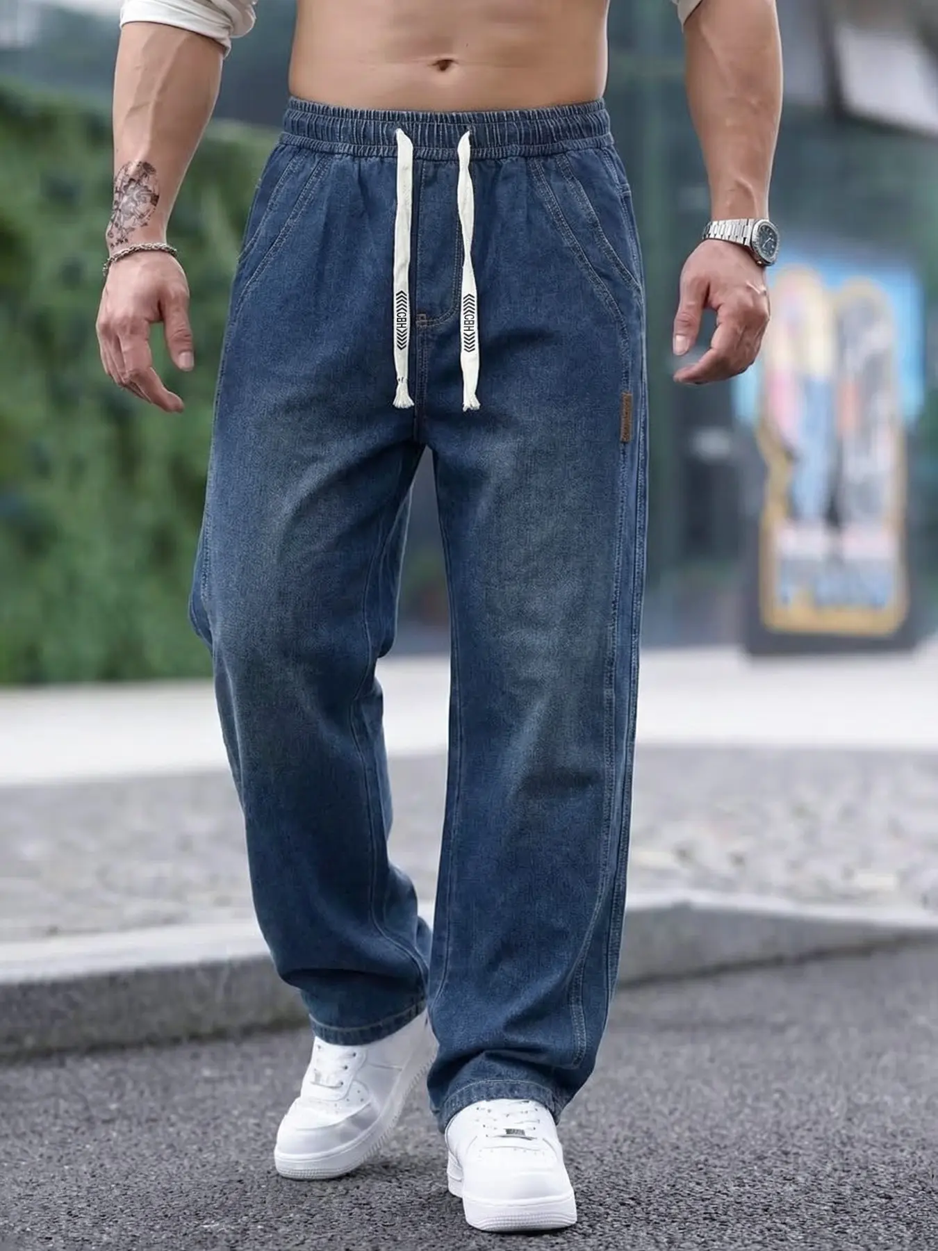 Men's Drawstring Jeans Pants, Y2K Aesthetic Loose Fit, Casual Urban Streetwear, All Seasons, Ideal for Outdoor & Daily Wear, Perfect Gift