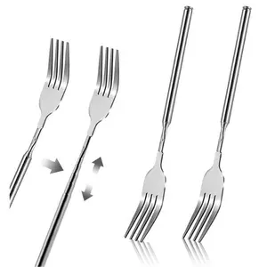 2Pcs Extendable Forks 8.7 to 25.6 Inch Adjustable Telescopic Fork, Stainless Steel Long Fork Retractable Dinner Fork for Fruit Dessert BBQ
