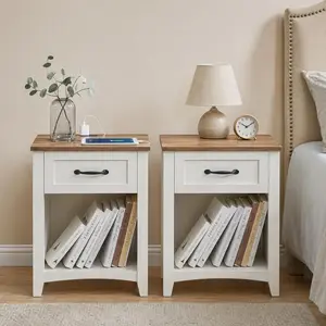 [NEW PRODUCT - FLASH SALE] Garvee Farmhouse bedside tables Set of 2 with Charging Station – 1 Drawer & Open Shelf – Wooden Bedside Tables with Storage – Color Block