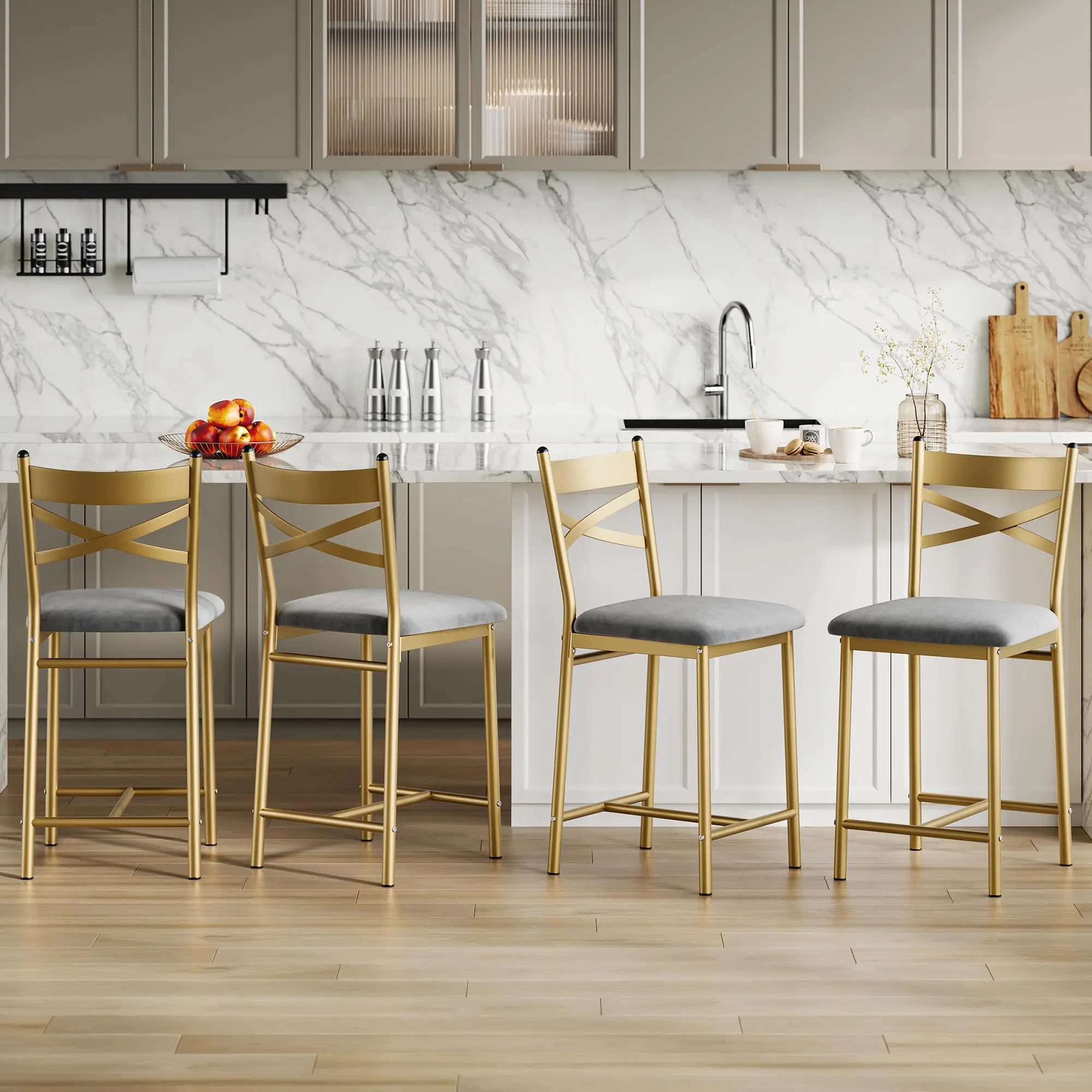 Garvee Set of 4 Counter Height Bar Stools with PU Upholstered Seats, Metal Frames, X-Design Backs, and Footrests for Kitchen Island, Counter Bar, Dining Room, 22" Gold Finish