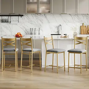 Garvee Set of 4 Counter Height Bar Stools with PU Upholstered Seats, Metal Frames, X-Design Backs, and Footrests for Kitchen Island, Counter Bar, Dining Room, 22" Gold Finish
