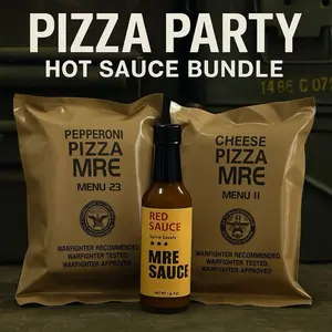 MRE Pizza Party Hot Sauce Bundle - Includes Pepperoni & Cheese Pizza MRE & Red Sauce - Veteran-Owned - Warfighter Approved - For Collectors & Campers