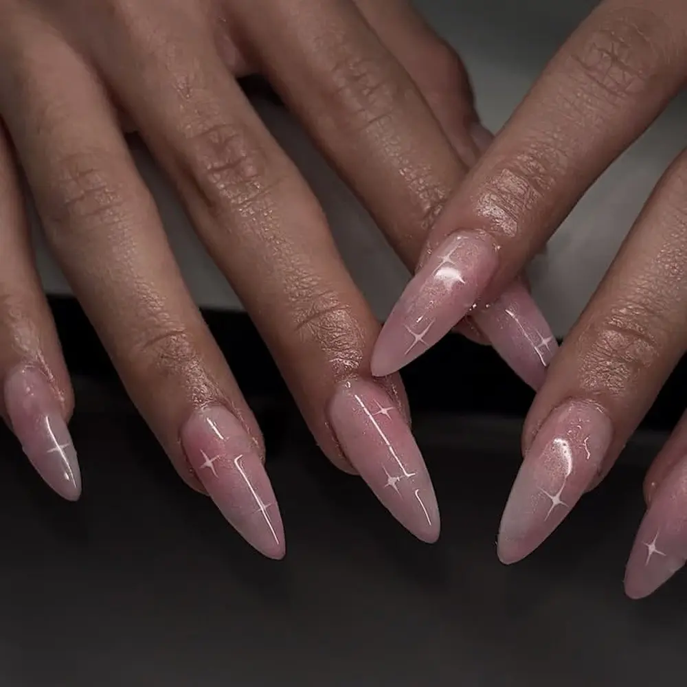 24pcs Y2K Starry Nail Art, Gradient Long Almond Cat Eye False Nails, Reusable Wearable Manicure, Satin Sheen Finish