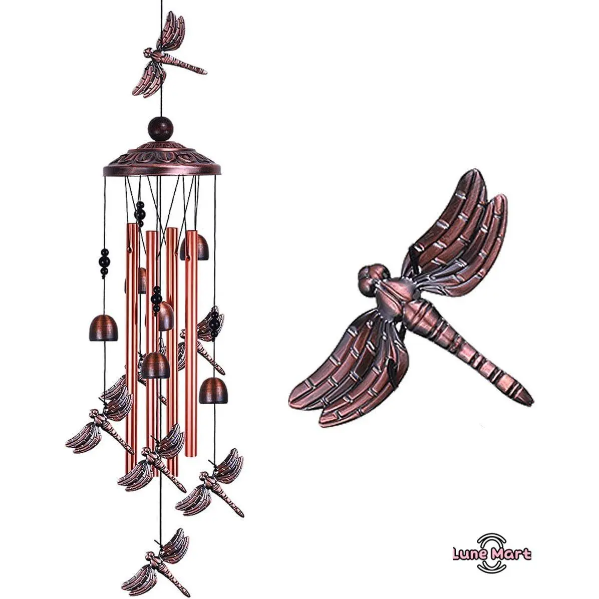 Romantic Dragonfly Metal Wind Chime, 36-Inch Outdoor Hanging Decor with 4 Tubes and 6 Bells, Waterproof Gift for Mom, Outdoor Decor, Chimes