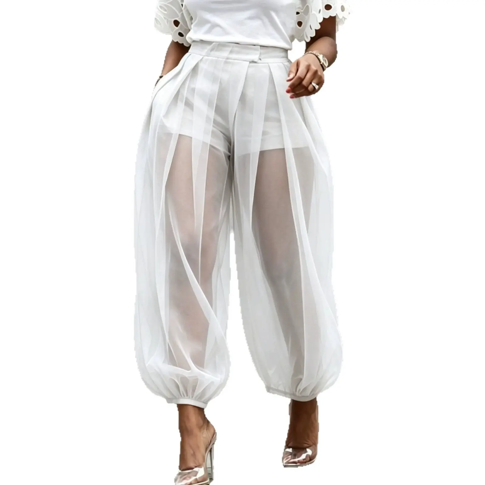 2026 Women's new semi transparent mesh solid color splicing loose semi transparent lantern pants
