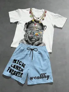 Men's Loose Fit Two-Piece Set, Rich Loner Forever Graphic Tee & Light Blue Shorts, Hip Hop Street Style, Casual Wear