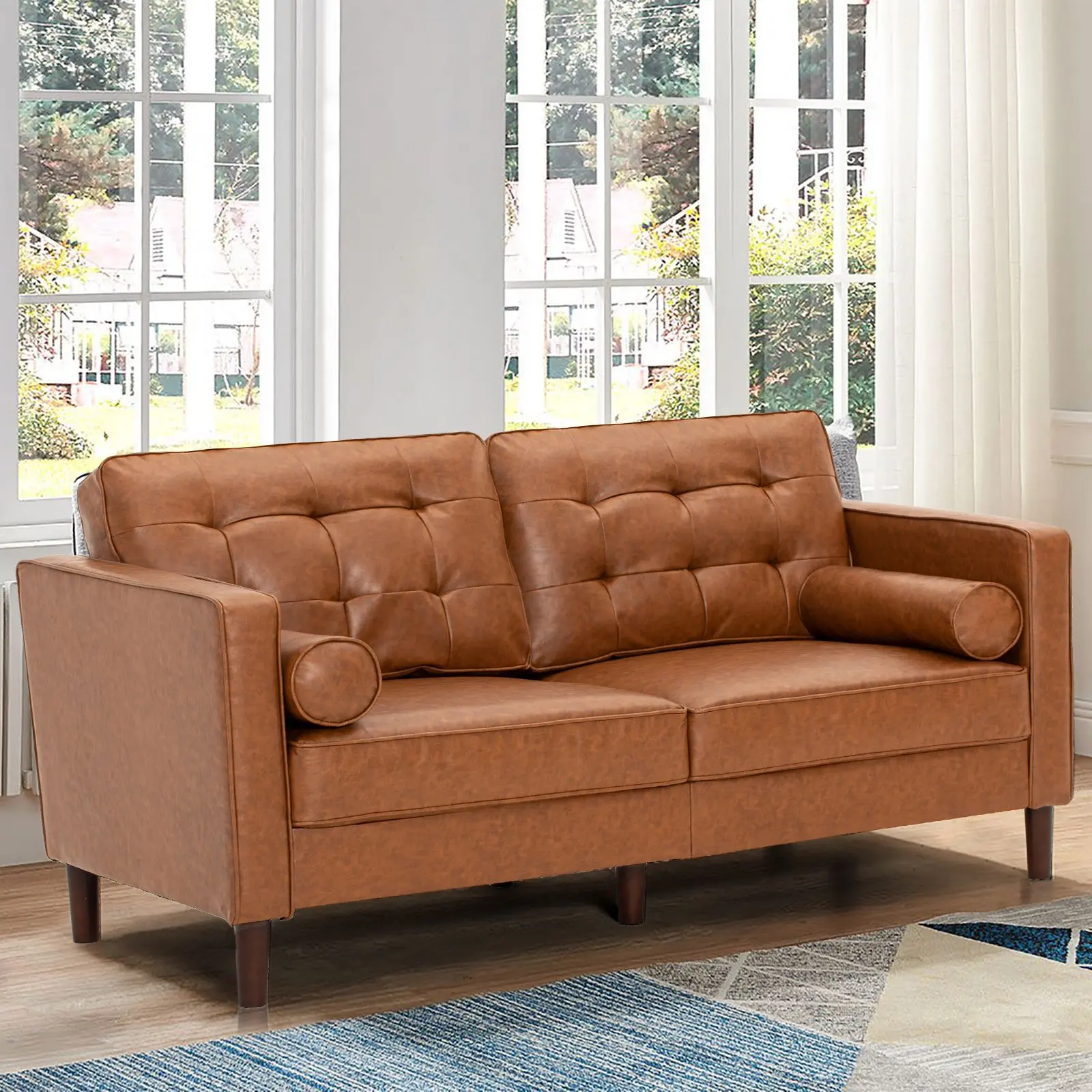 ACMEASE 67" Premium Faux Leather 2-Seater Sofa with 2 Bolster Pillows and Tufted Backrest, Mid-Century Modern Loveseat Sofa, Luxury Couch for Living Room, Bedroom, Office