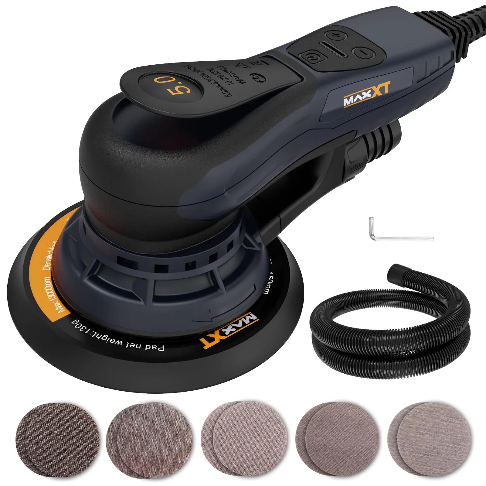 120V 350W Synthetic Brushless Electric Orbital Sander - 5.0mm Random Orbit & Backing Plate, 10,000-14,000 RPM Variable Speed, 150mm 3-Core Wires Dust-Free Woodworking Tool with 10 Pads, Anti-Vibration Handle, Wood Polisher, 4000-10000/Min Speed
