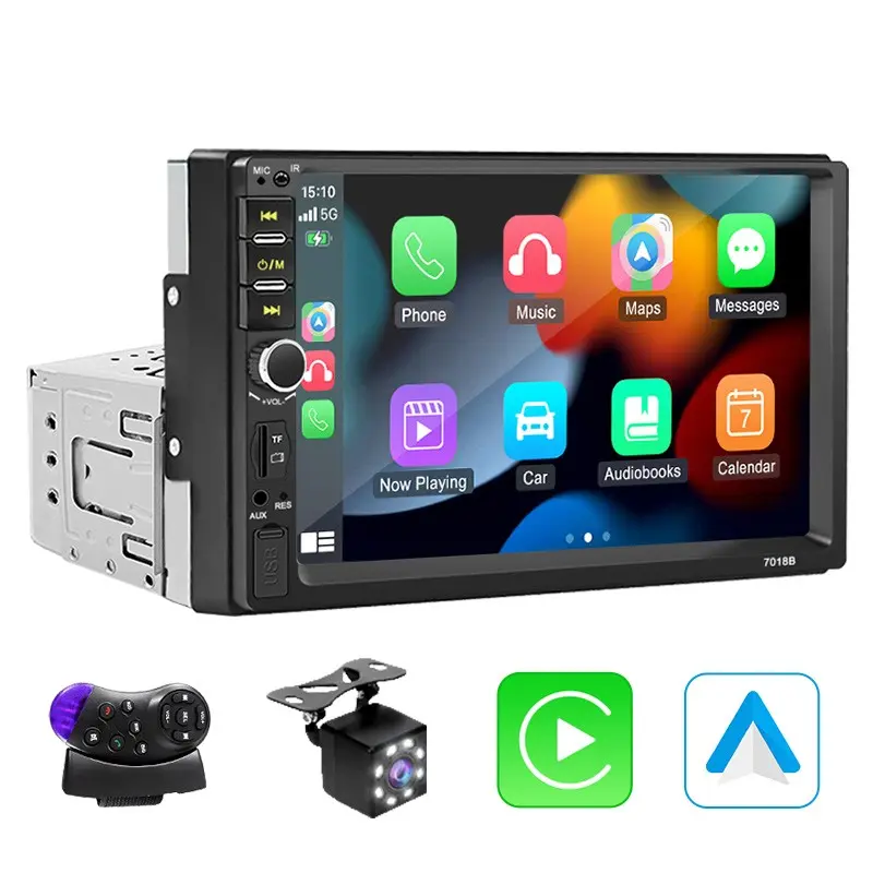 7 Inch 1 DIN Car Display with Wired Carplay Android Auto Bluetooth-compatible 5.0 Mirror Link, Supports Rear Camera USB TF Aux Fm 12V Adapter Radio, Car Video Player.